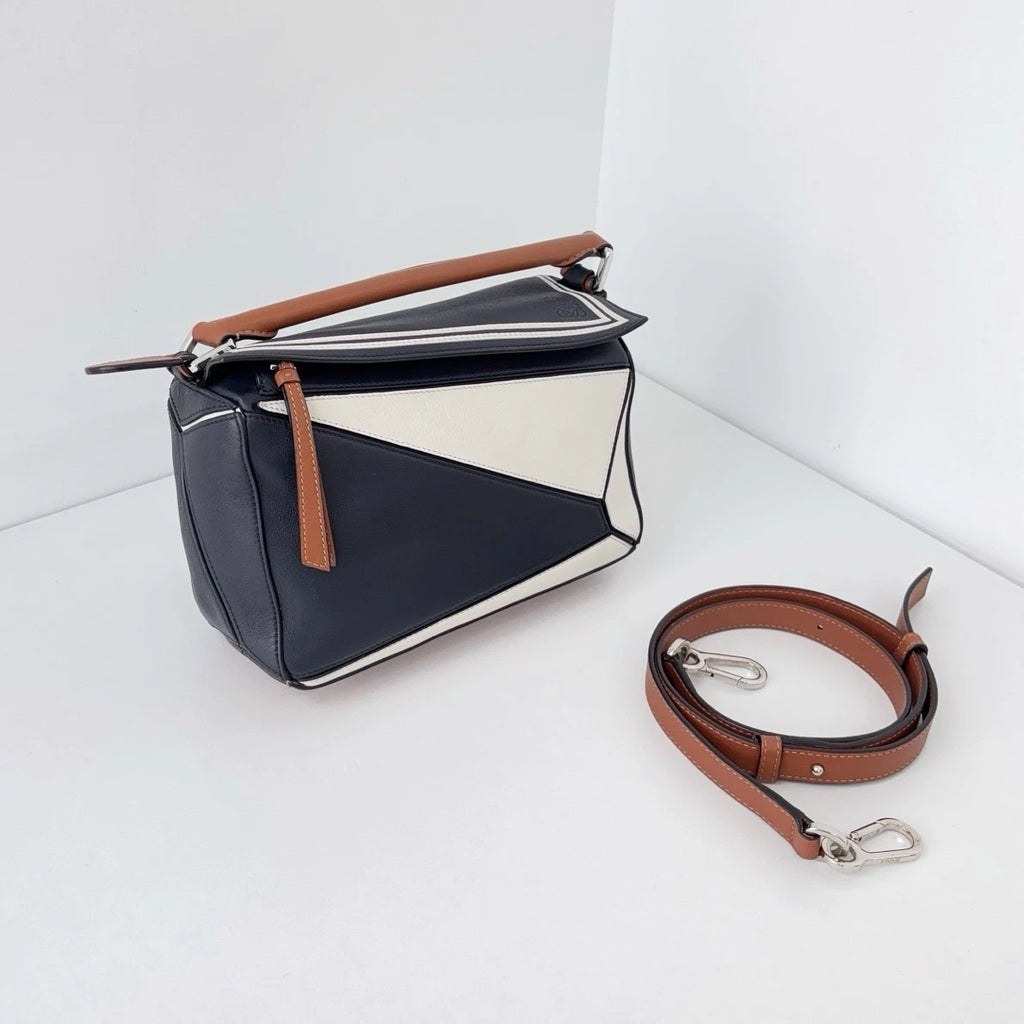 Authentic Loewe Puzzle MM Navy Top Handle Bag Crossbody Silver Hardware