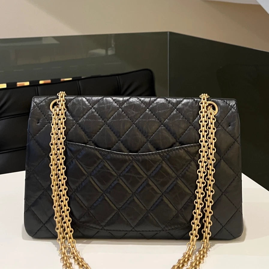 Chanel 2.55 Medium Black Gold Quilted Chain Shoulder Bag Classic