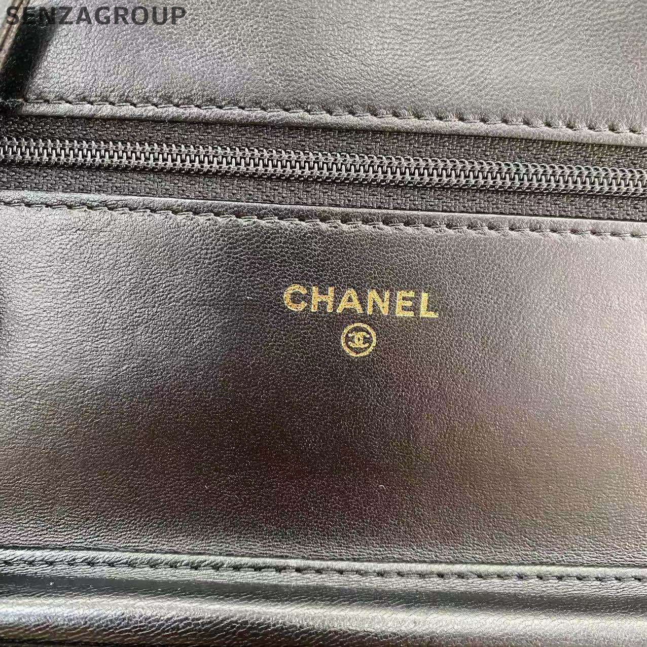 Chanel Black Lambskin Gold CC Logo WOC Chain Shoulder Crossbody Bag