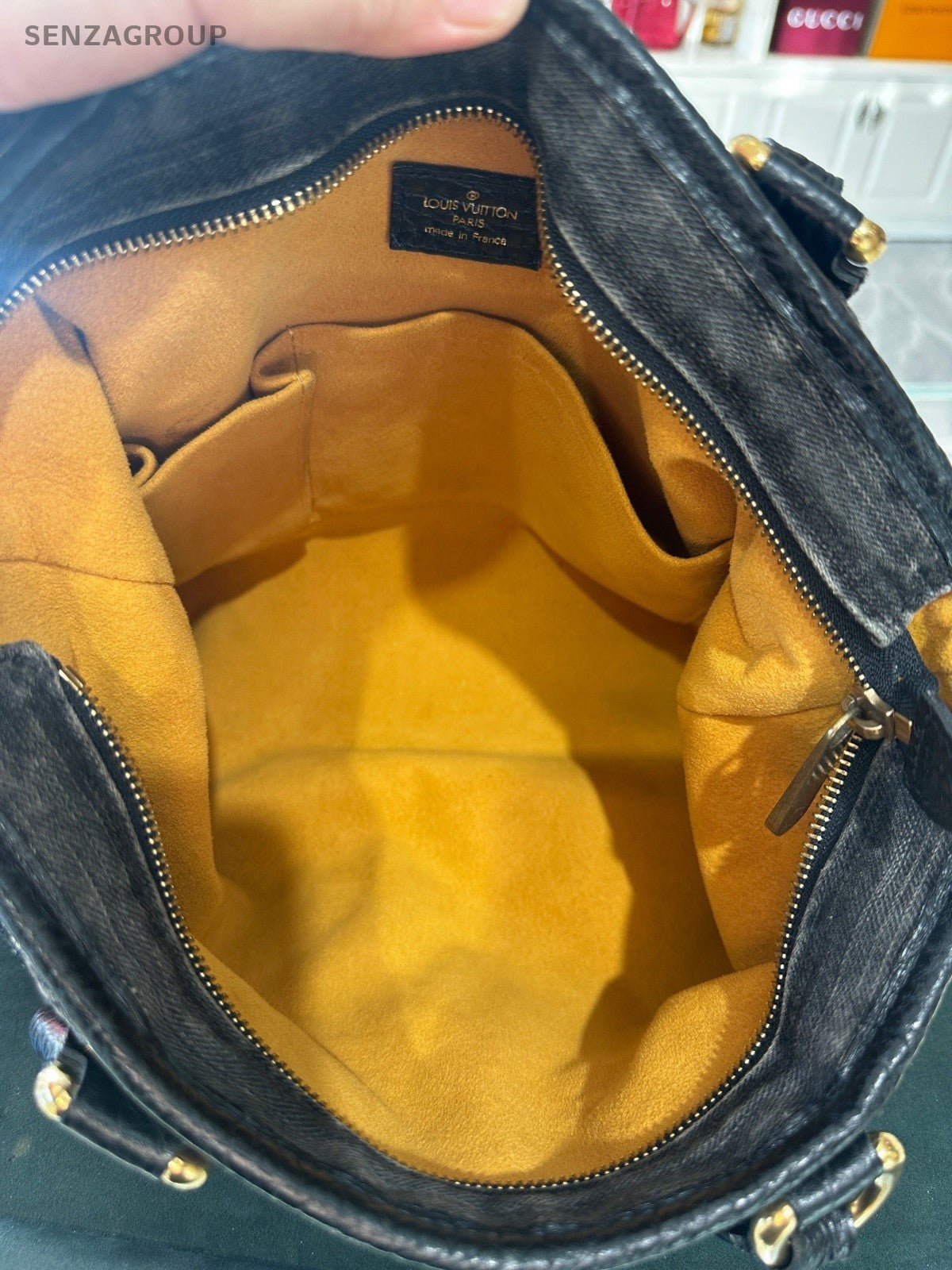 Louis Vuitton Cabby Denim Monogram Top Handle Bag Crossbody Black Gold Women