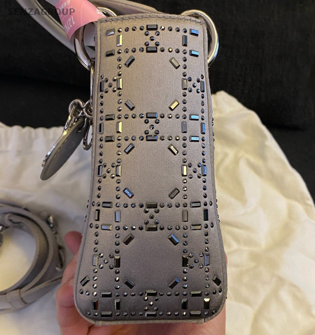 Christian Dior Lady Dior 2Way Gray Silver Top Handle Bag Crossbody Women Classic