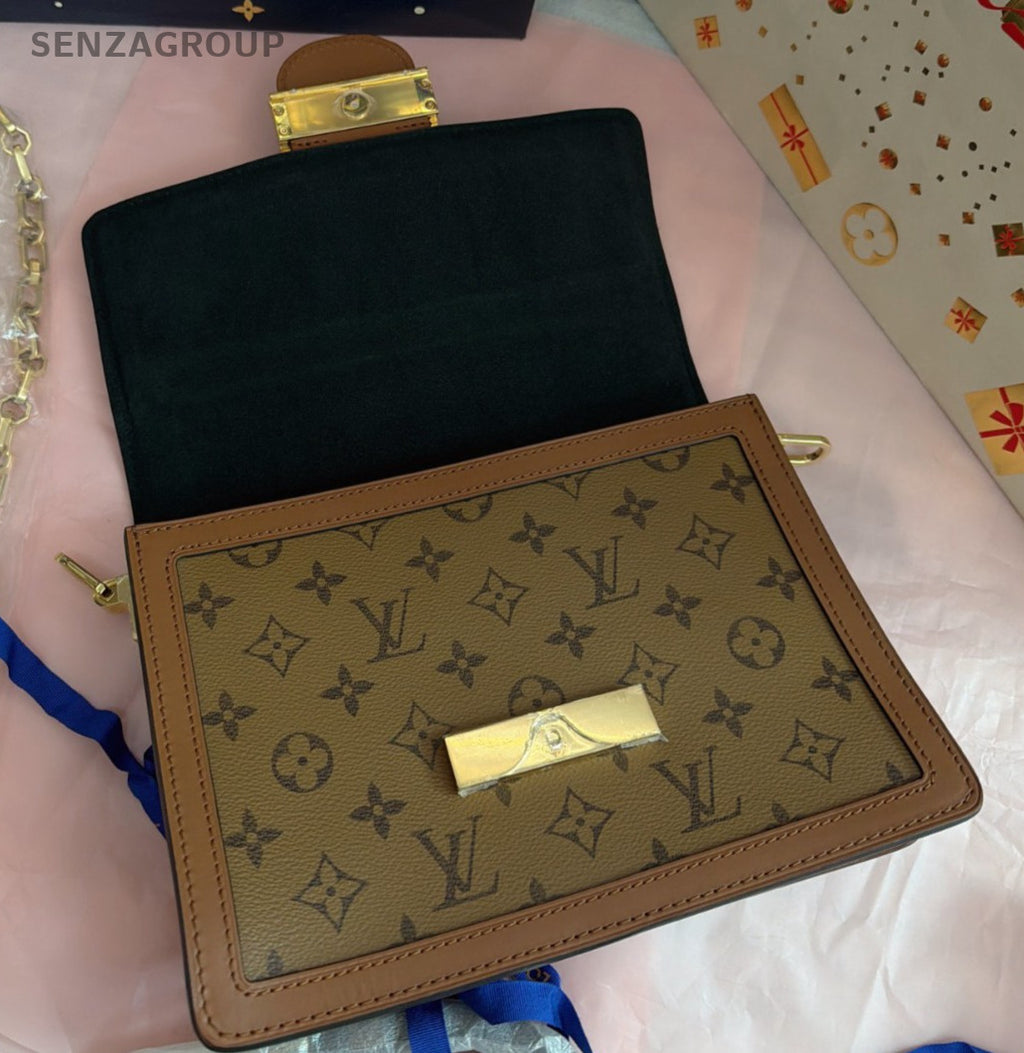 Louis Vuitton Dauphine MM Monogram Chain Shoulder Bag Brown Gold Women Classic