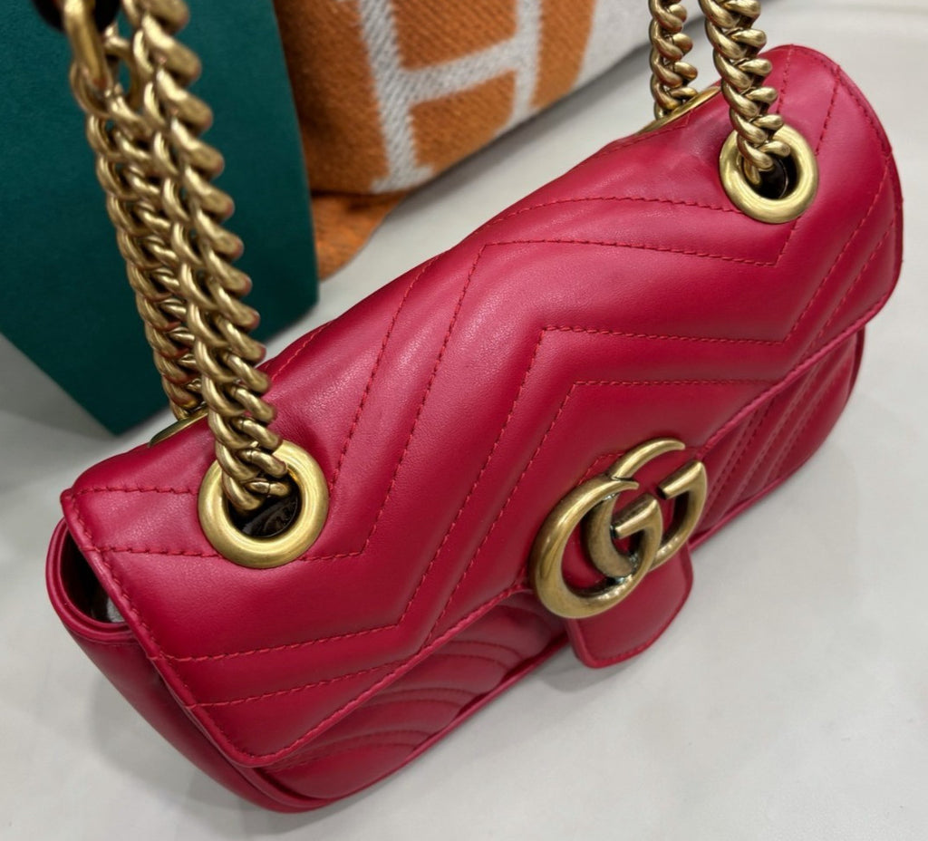 Gucci Marmont PM Chain Shoulder Bag Crossbody Red Gold Women Classic