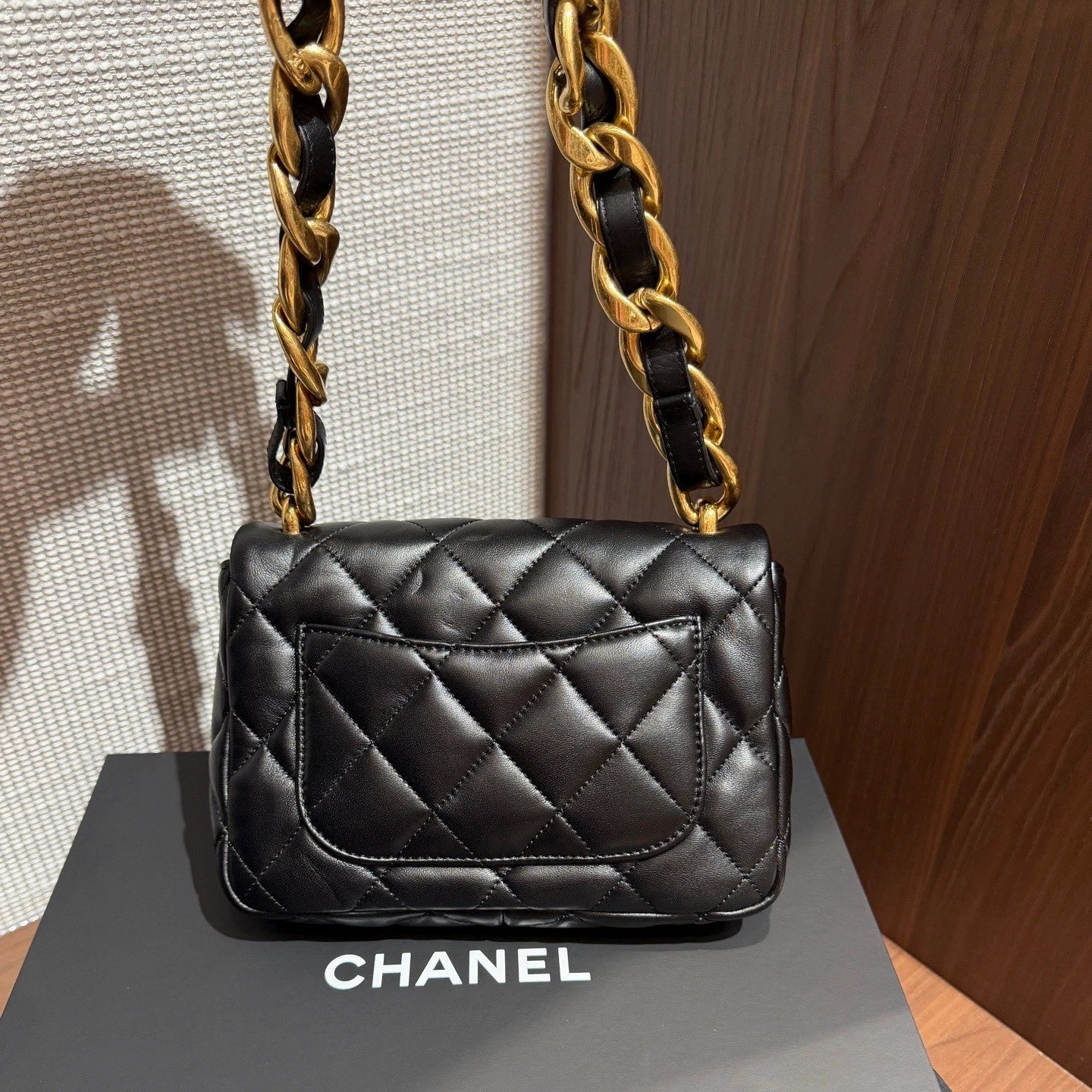 Chanel Square Flap Bag Thick Chain Crossbody Shoulder Bag Black Gold Classic