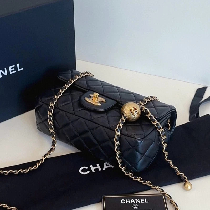 Chanel Classic Flap Mini Chain Shoulder Crossbody Black Gold Women Diamond