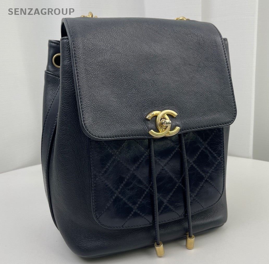 Chanel Diamond Chain Backpack Black Gold Used Women Classic
