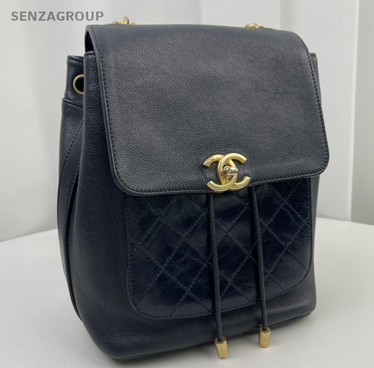 Chanel Diamond Chain Backpack Black Gold Used Women Classic