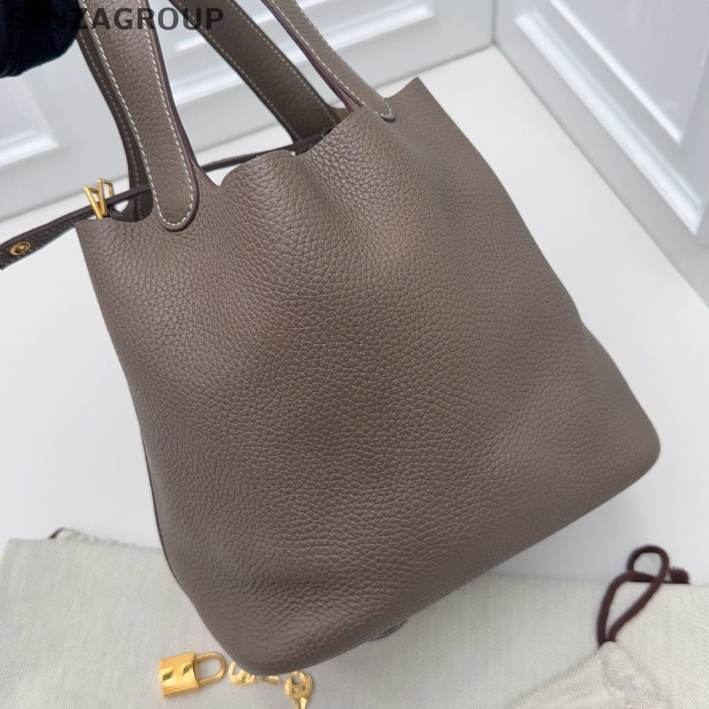 Hermes Picotin22 Top Handle Shoulder Bag Gray Gold Women Classic