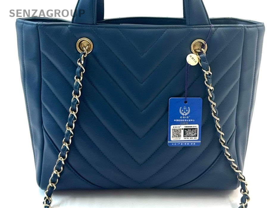 Chanel 17B Calfskin Tote Handbag Chain Shoulder Bag Blue Gold Women Classic
