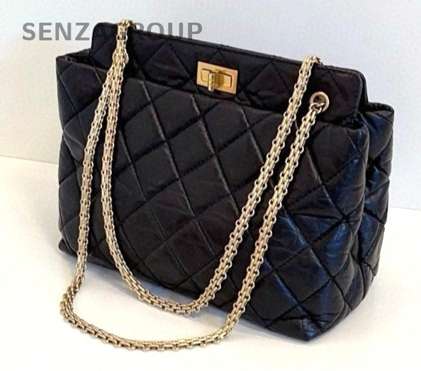CHANEL 2.55 Black Gold Oil wax leather Shoulder Handbag Classic Small