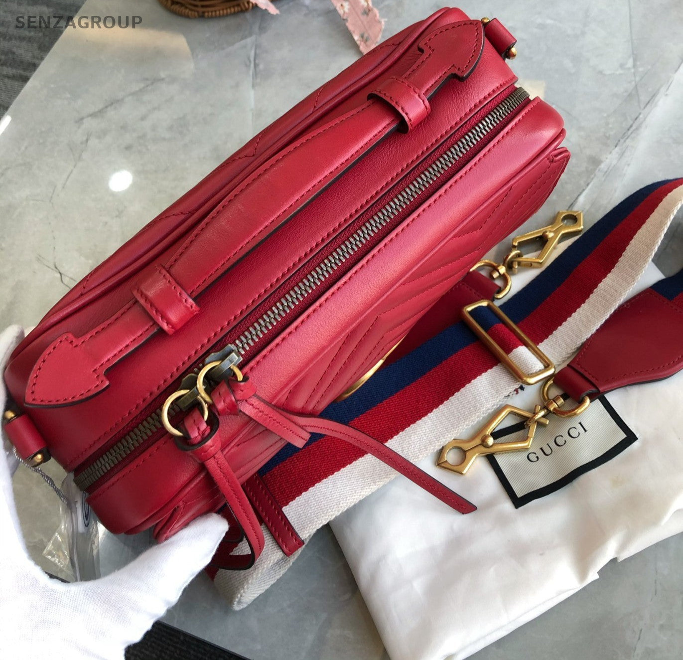 GUCCI GG Marmont Camera bag Top Handle 2way Shoulder Handbag Women Red Gold