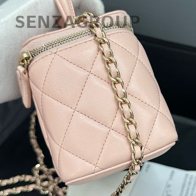 Chanel Quilted Vanity Case Pink Gold Handle Top Handle Crossbody Bag