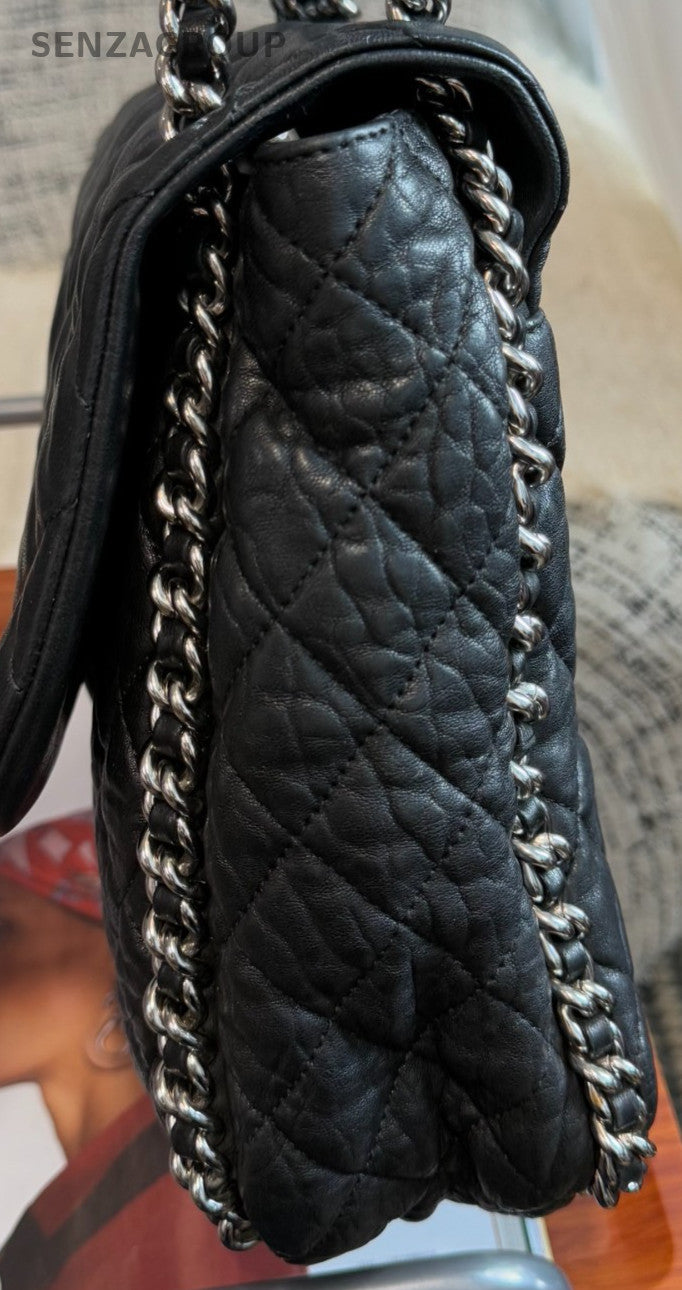 Chanel Calfskin Chain Shoulder Bag Black Silver Diamond Used Women Classic