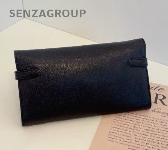 Hermes KellyToGo Lambskin Clutch Chain Shoulder Bag Black Silver Women Classic