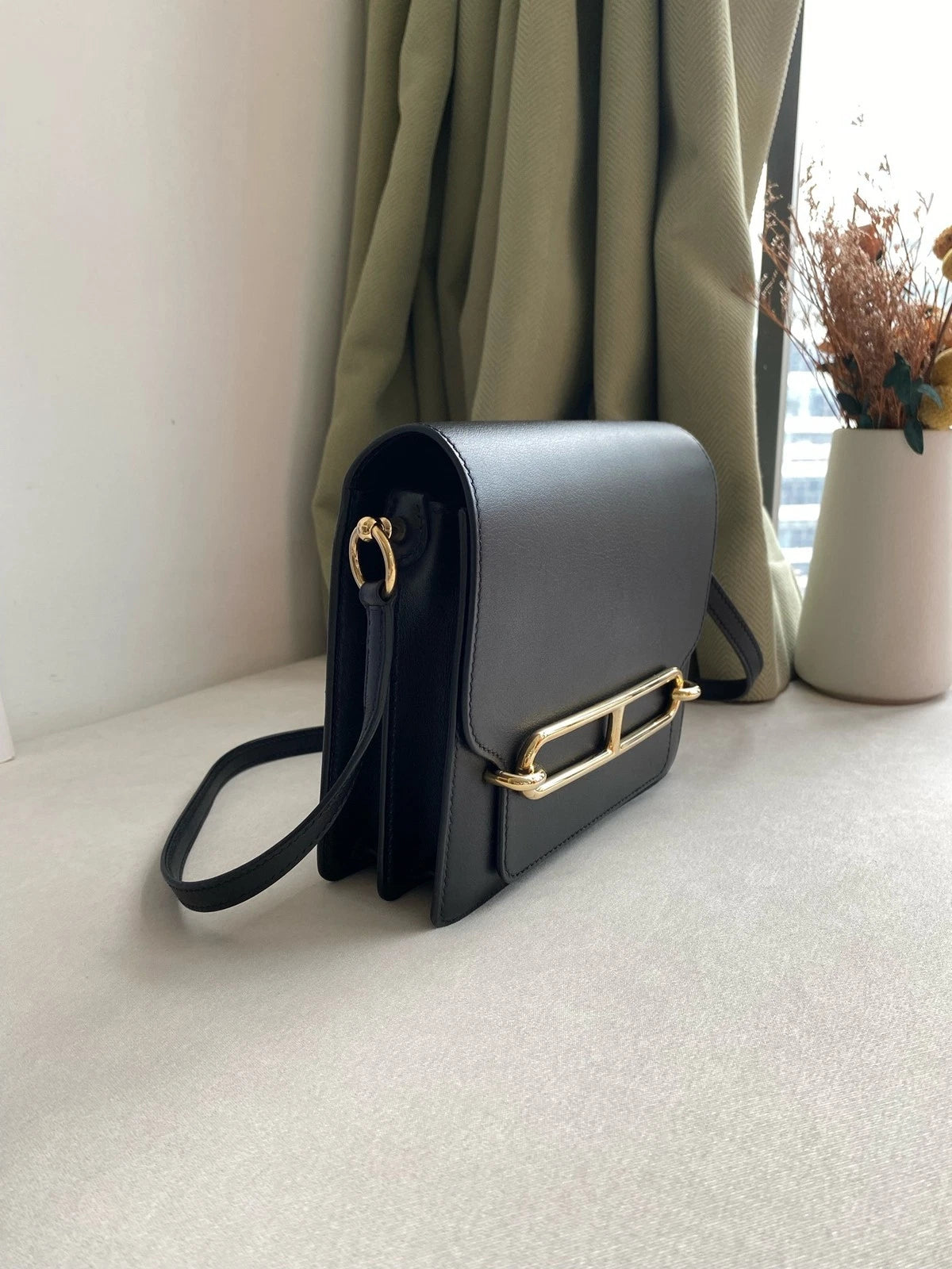 Hermes Roulis19 Black Gold Epi Leather Shoulder Crossbody Bag For Women