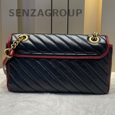 Gucci Marmont 26 Chain Shoulder Crossbody Bag Black Red Gold Hardware