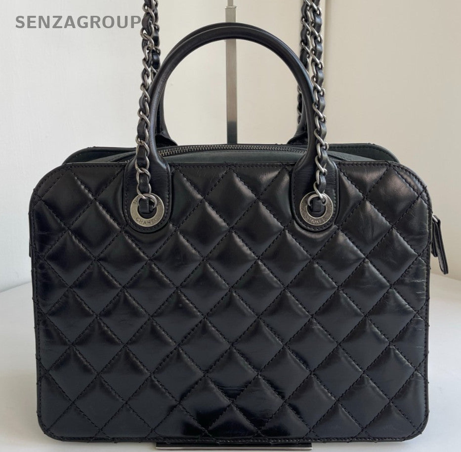 Chanel Diamond Chain Satchel Top Handle Shoulder Bag Black Silver Women Classic