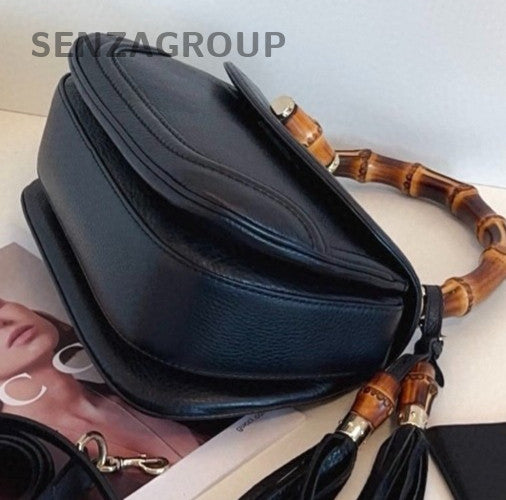 Gucci Bamboo Calfskin Fringed Top Handle Bag Crossbody Black Gold Women Classic