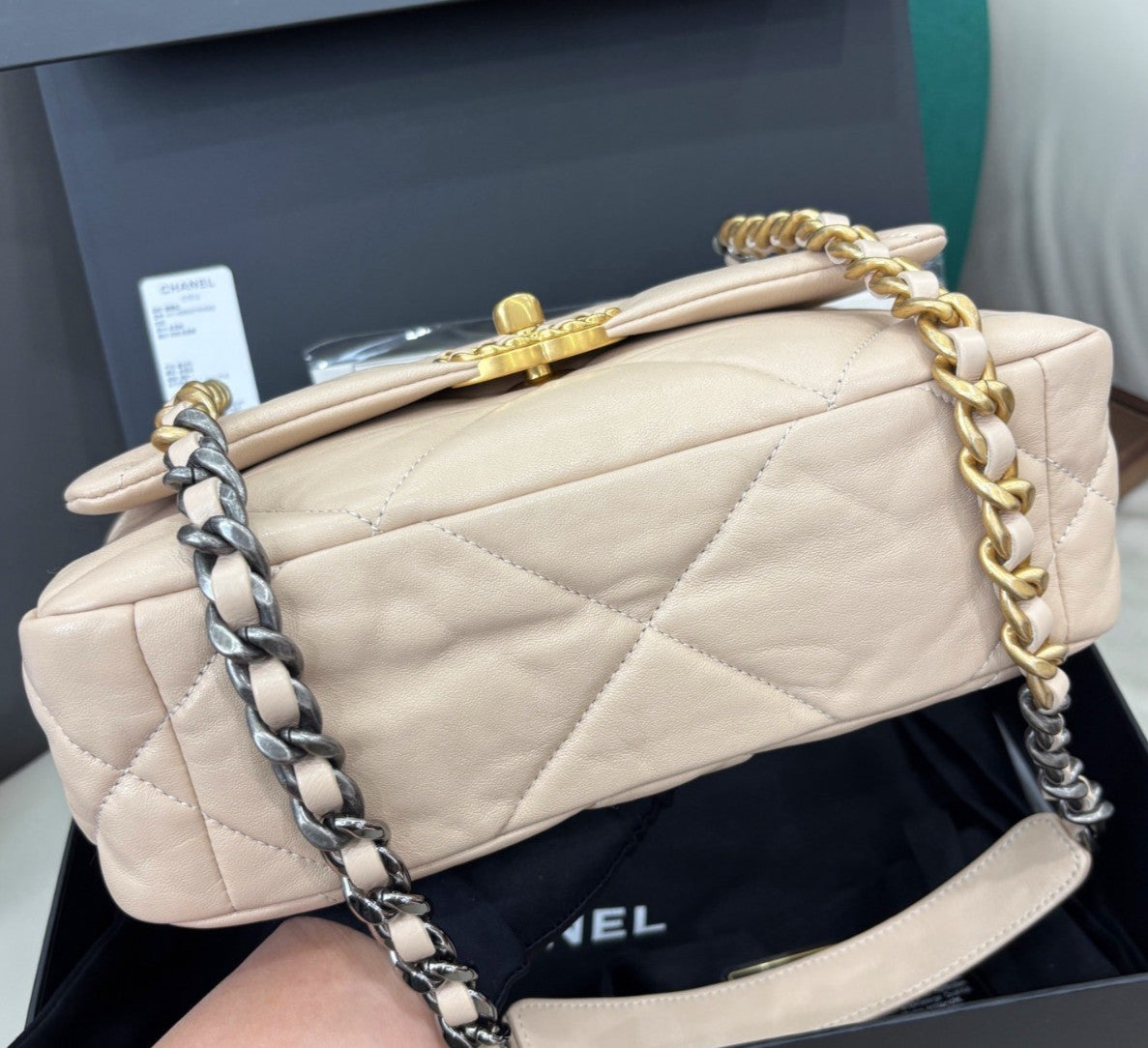 Chanel 19Bag PM Chain Shoulder Bag Crossbody Beige Gold Women Classic Fashion