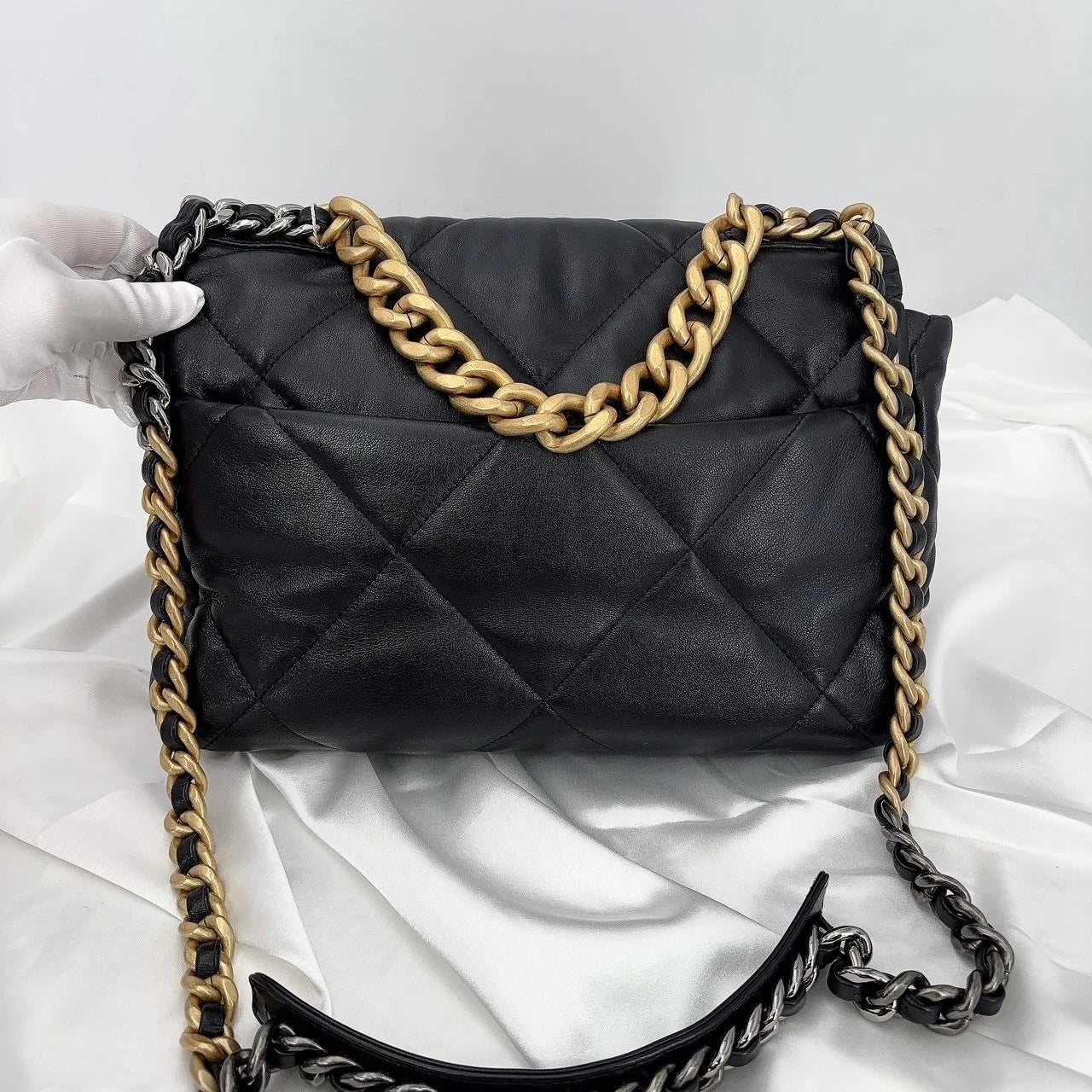 CHANEL 19 Medium Black Gold Lambskin Shoulder Bag for Women