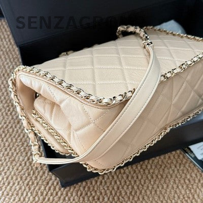Chanel Classic Flap Beige Gold Hardware Quilted Chain Shoulder Bag