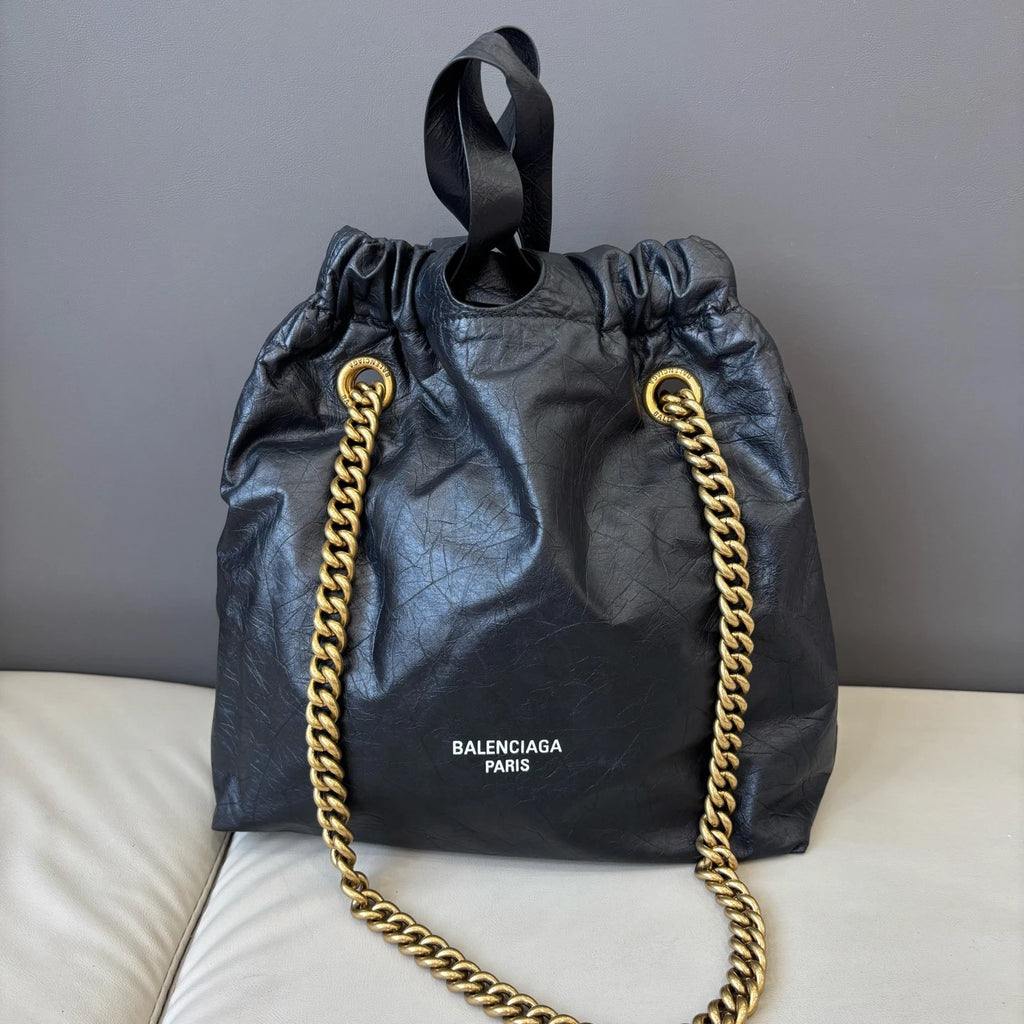Excellent Balenciaga Crush PM Black Bucket Chain Shoulder Bag Gold Hardware