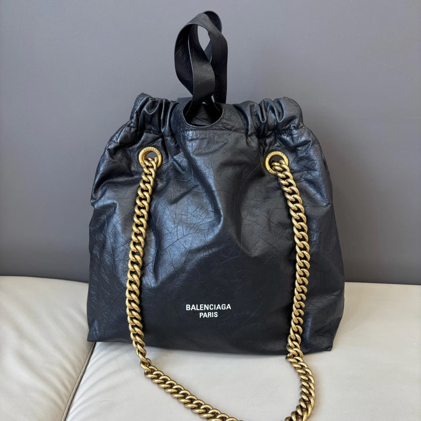 Excellent Balenciaga Crush PM Black Bucket Chain Shoulder Bag Gold Hardware