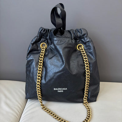 Excellent Balenciaga Crush PM Black Bucket Chain Shoulder Bag Gold Hardware