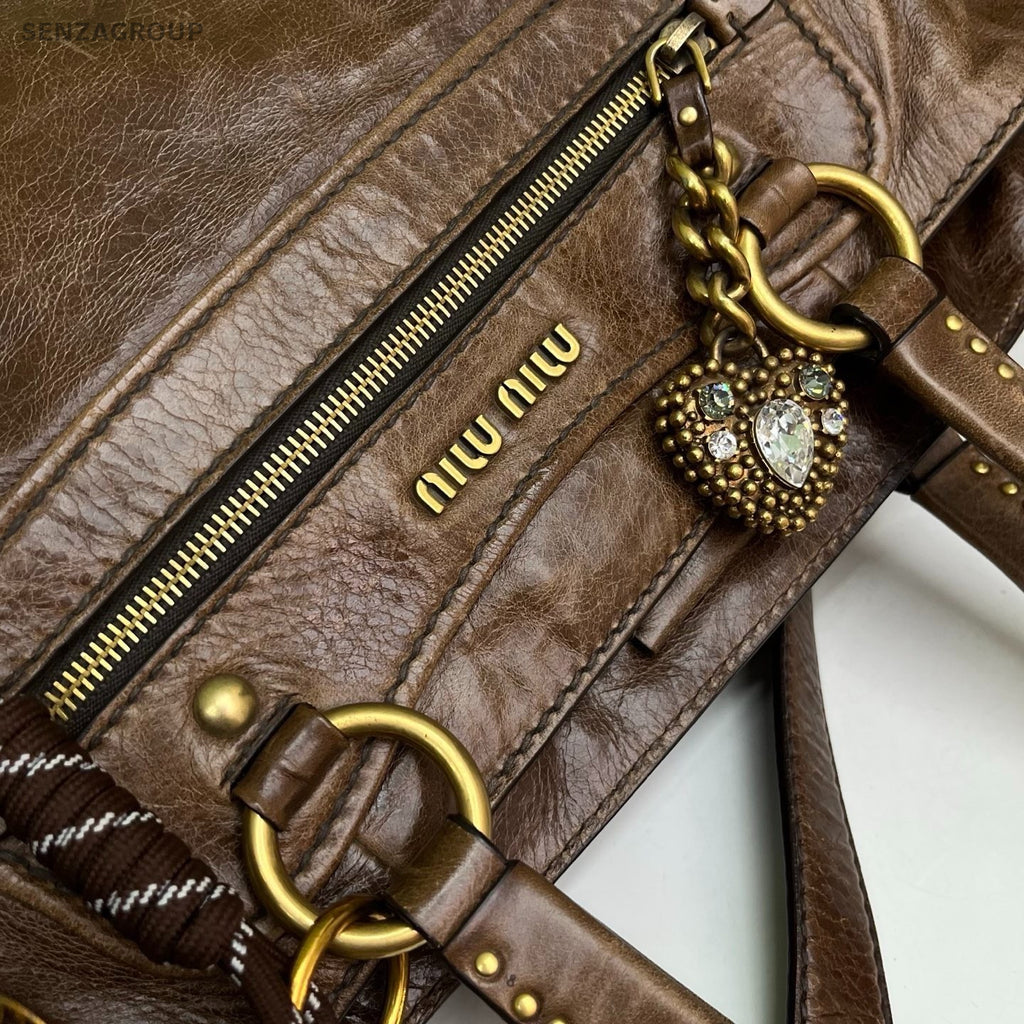 Miu Miu Coffer 2Way Crossbody Top Handle Bag Brown Gold Women Classic Fashion