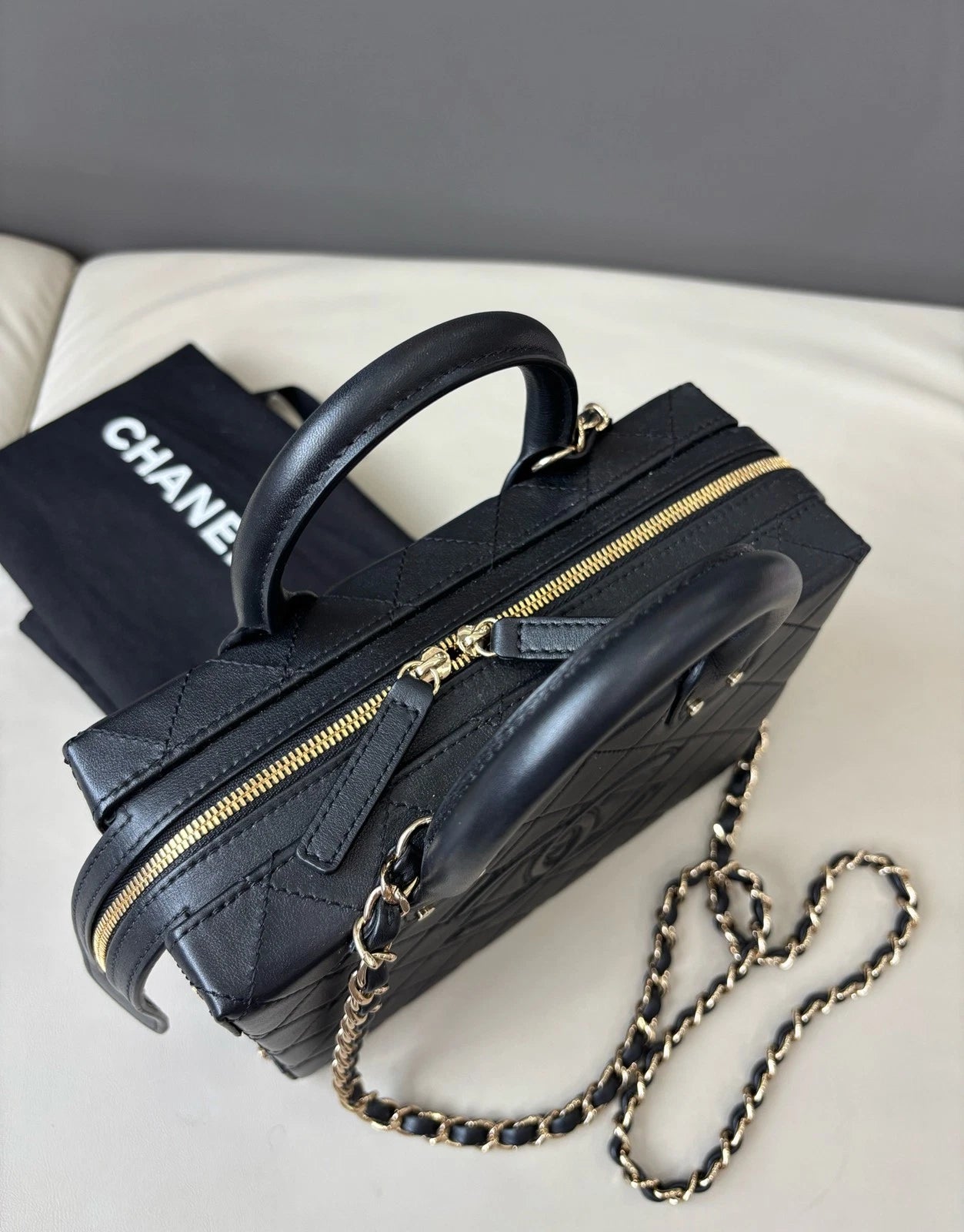 Chanel Cosmetic Case Box Bag Crossbody Handbag Daily Use Black Gold
