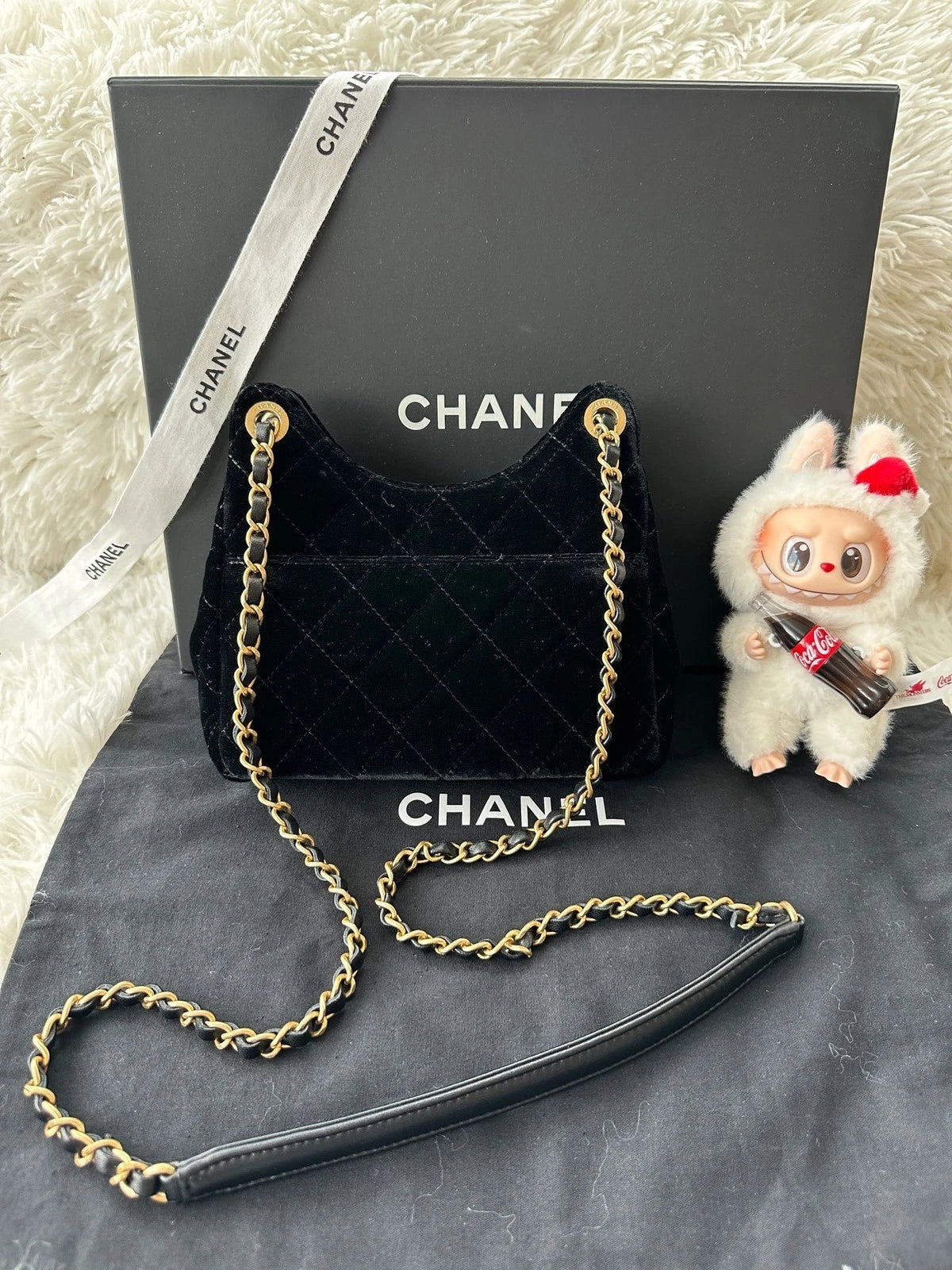 CHANEL Small Black Gold Velvet Shoulder Bag For Women