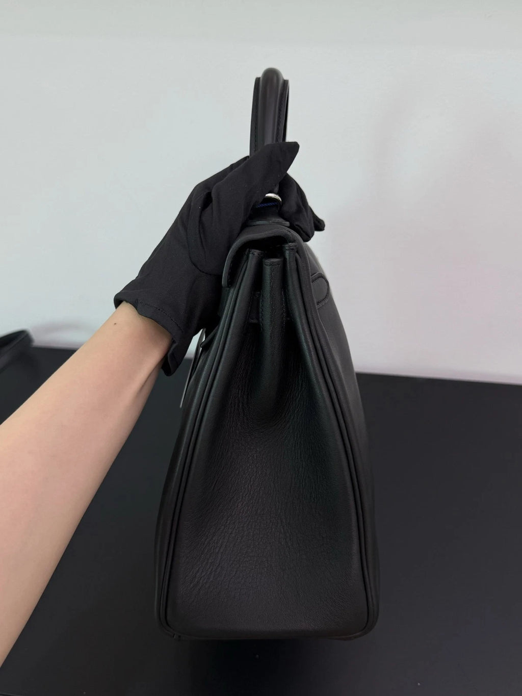 Hermes Kelly32 Evergrain Top Handle Bag Crossbody Black Silver Classic Women
