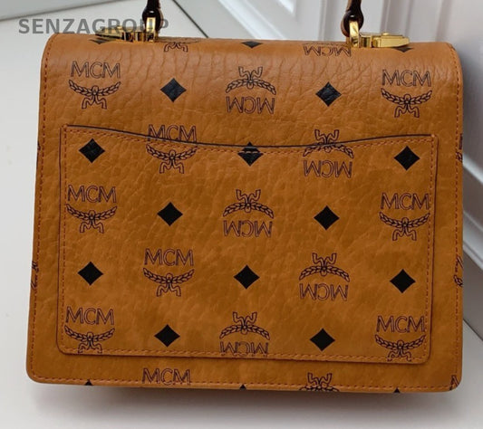 Mcm PM Top Handle Bag Shoulder Bag Crossbody Brown Gold Women Classic