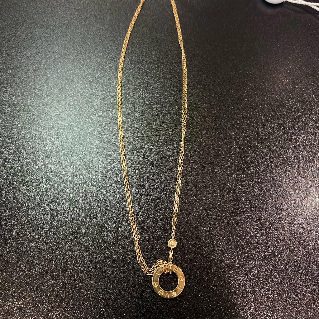 Excellent Cartier Love 18K Rose Pink Gold with 2 Diamonds Round Pendant Necklace