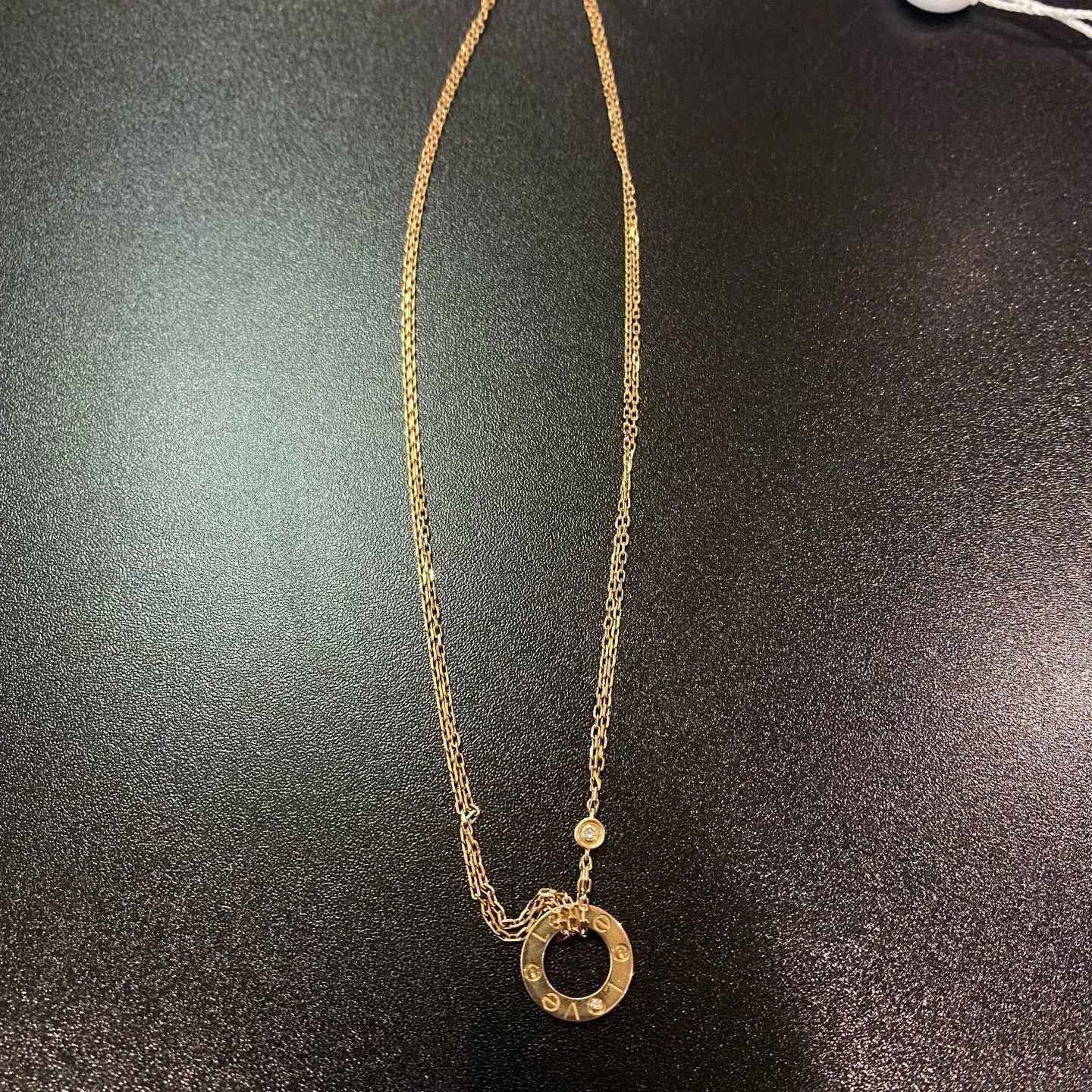 Excellent Cartier Love 18K Rose Pink Gold with 2 Diamonds Round Pendant Necklace