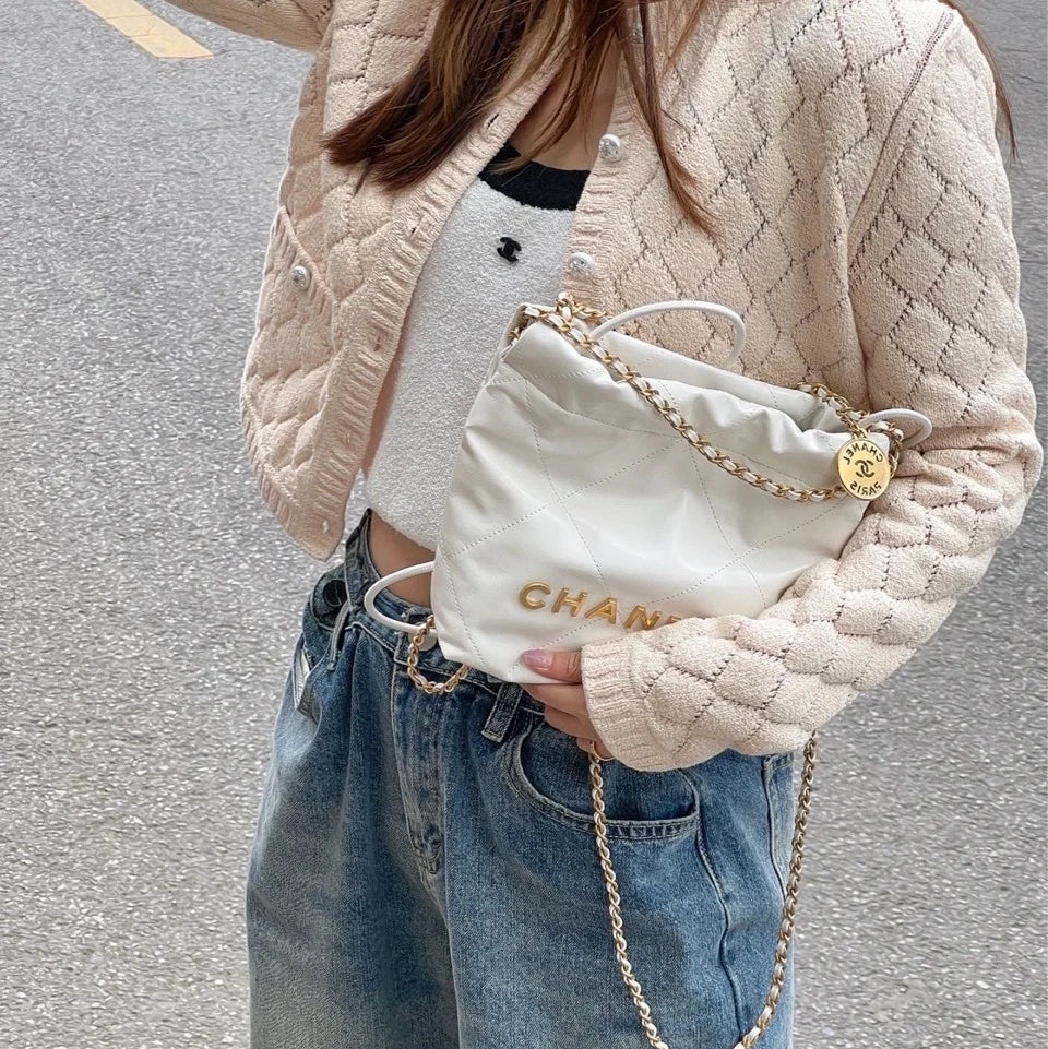 CHANEL Drawstring 22Bag White Gold Tote Chain Shoulder Bag For Women
