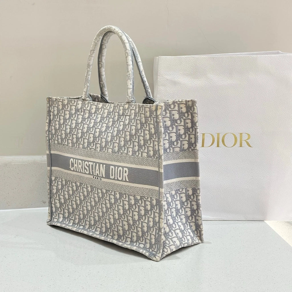 Dior Gray Embroidered Canvas Large Tote Bag For Women
