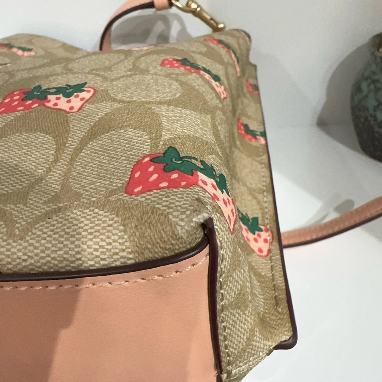 Coach Women's Strawberry Print Canvas Bucket Crossbody Shoulder Bag