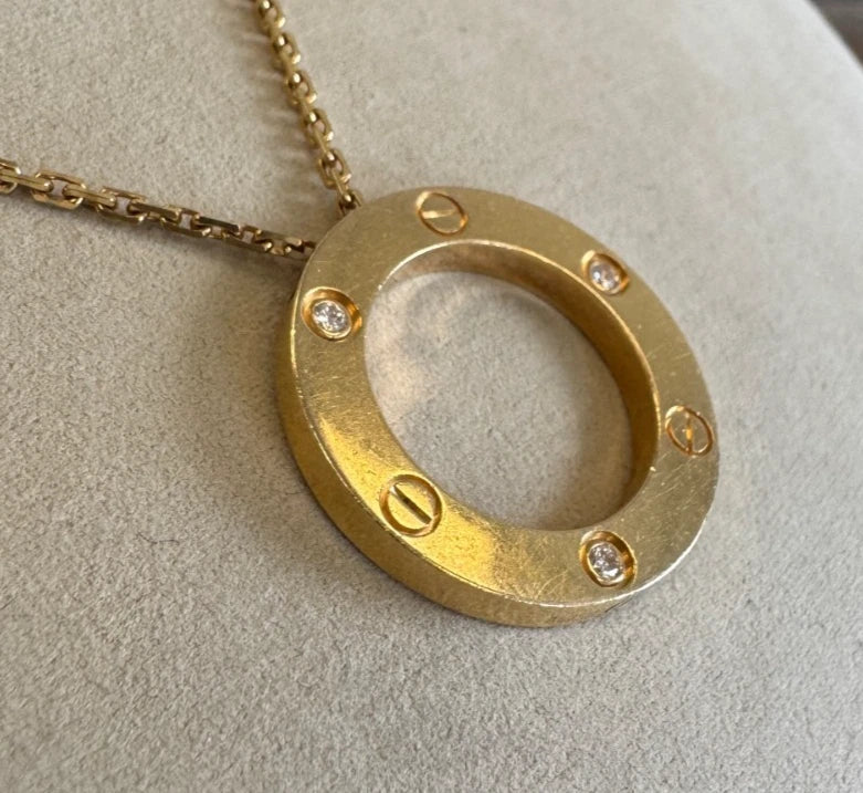 Cartier Love 18k Yellow Gold 3 Diamonds Round Pendant Necklace
