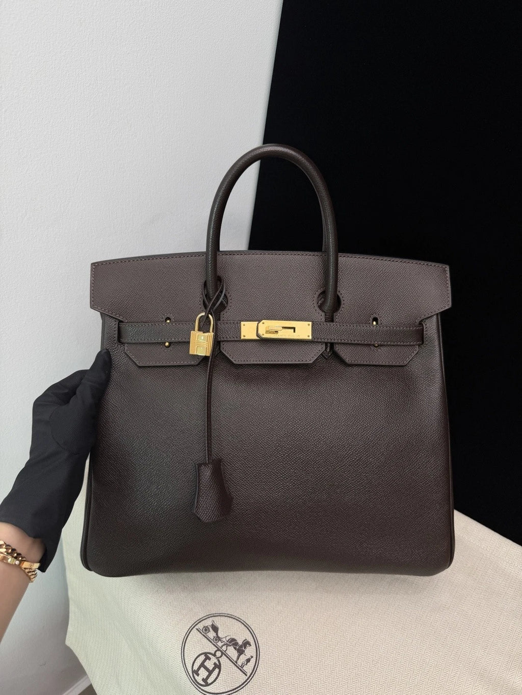 Authentic Hermes Hac 32 Ebene Epsom Leather Tote Top Handle Bag Gold Hardware