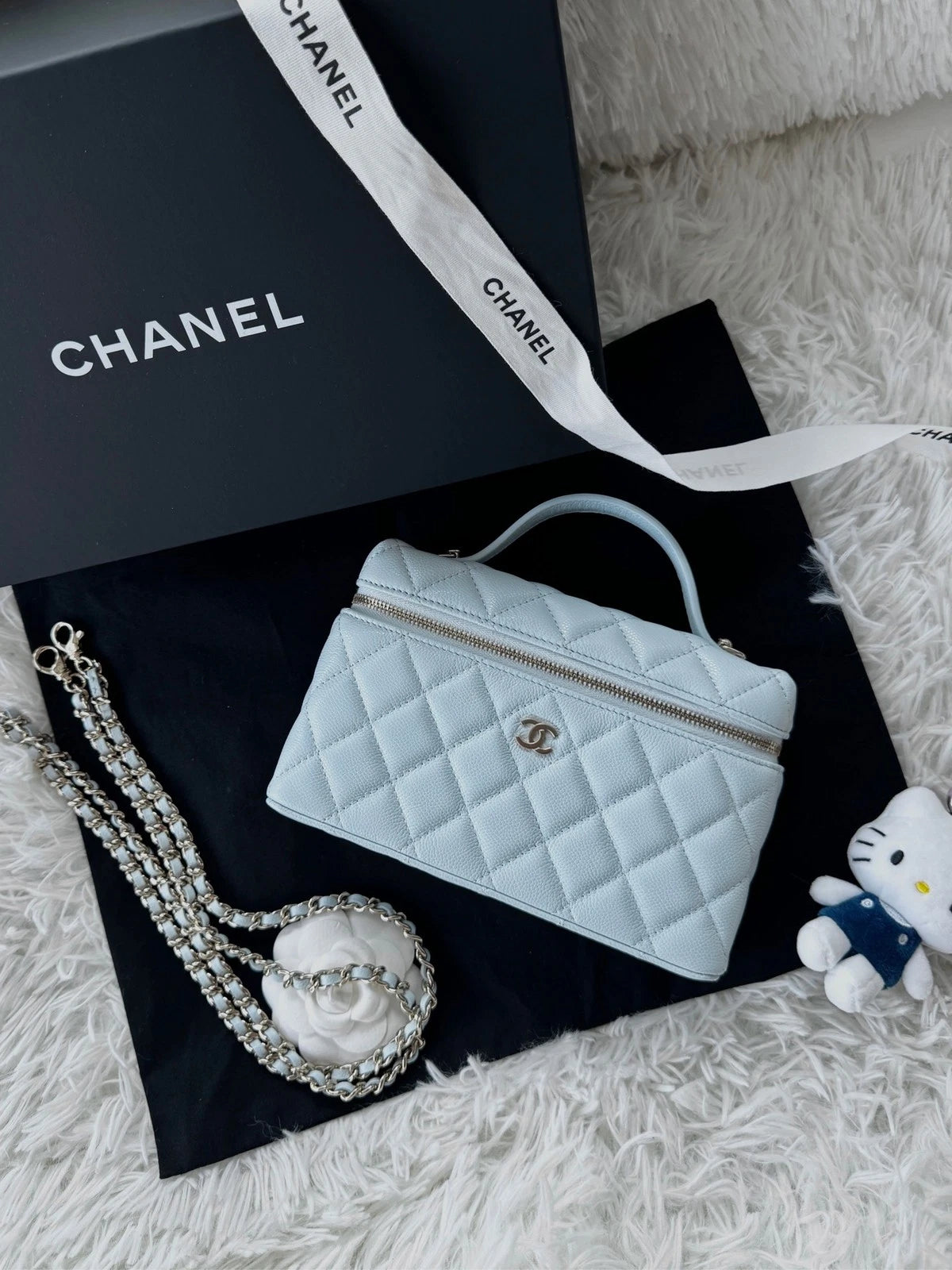 Chanel Baby Blue Leather Vanity Box Bag Gold Chain For Women