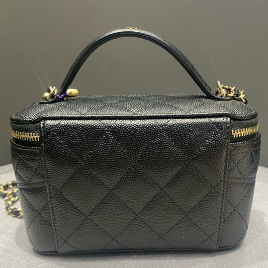 Chanel Black Gold Quilted Vanity Case Handbag Shoulder Bag