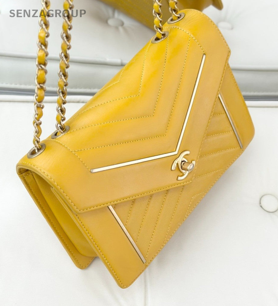 CHANEL Calfskin V-shaped pattern Chain Shoulder Handbag Yellow Women