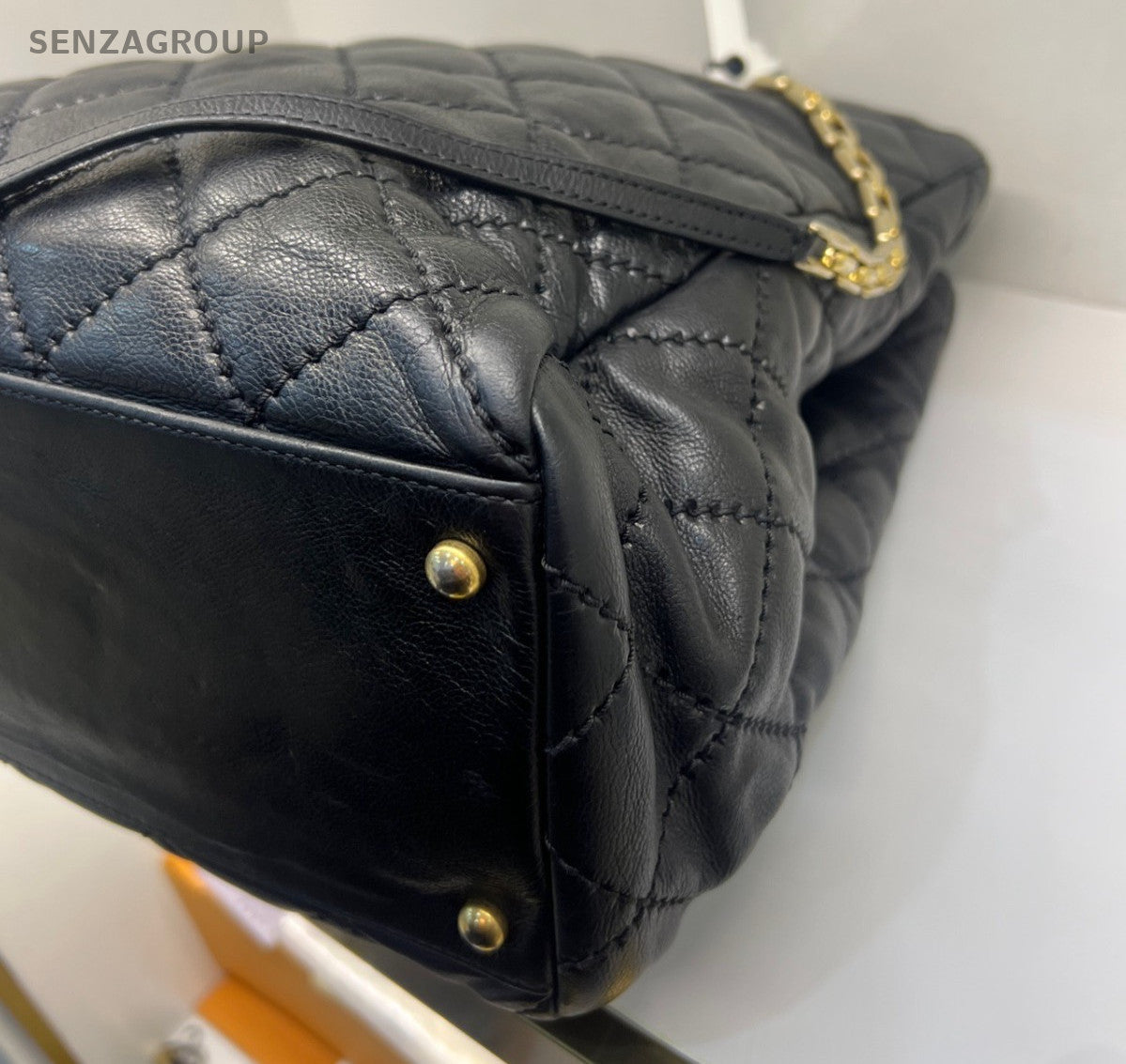 Chanel Tote Calfskin 2Way Top Handle Bag Chain Shoulder Bag Black Gold Women