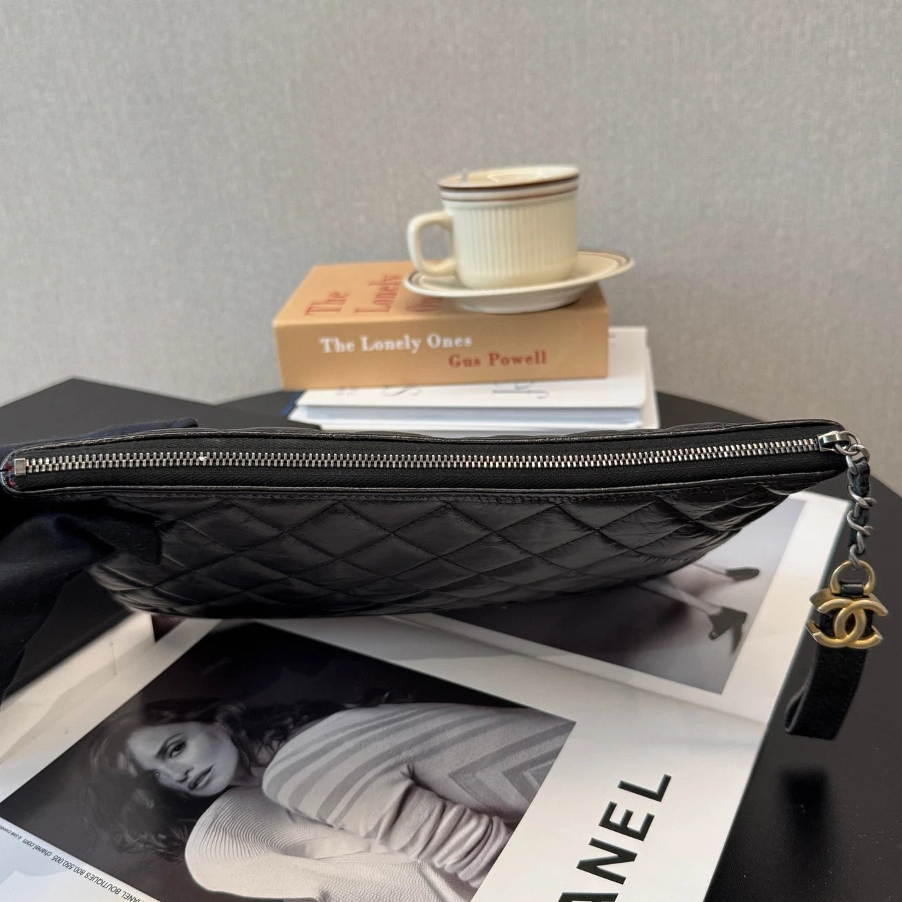 Authentic Chanel Calfskin MM Diamond Black Clutch Bag Gold Hardware