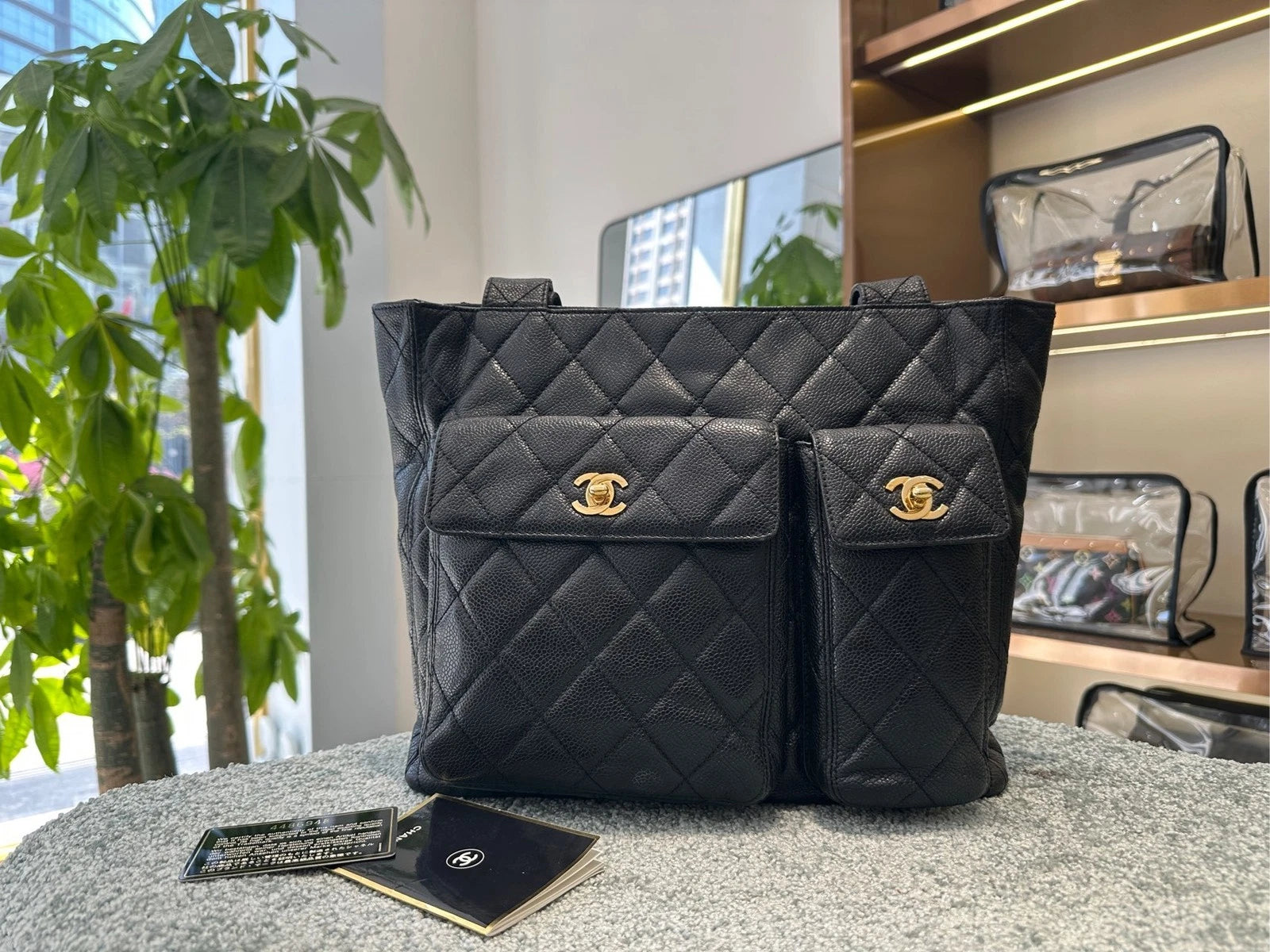 CHANEL Black Leather Double Logo Shoulder Bag For Women