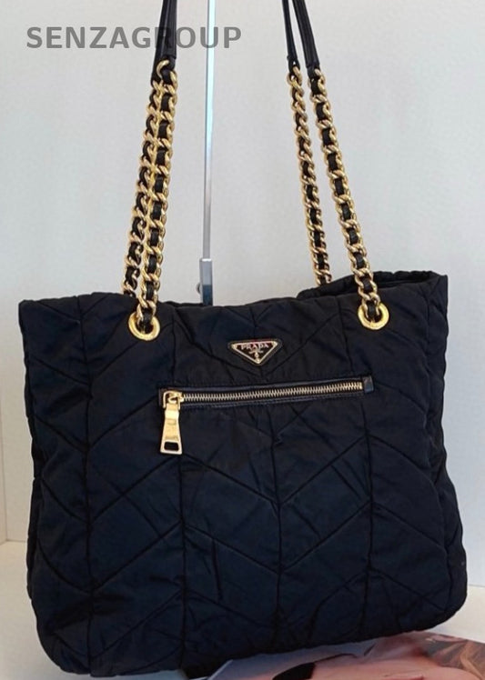 Prada Tote Chain Shoulder Bag Black Gold Used Women Classic Designer