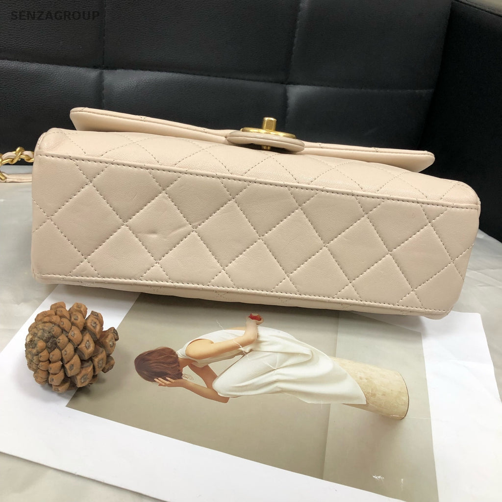 Chanel CF Quilted Flap Bag Beige Gold Chain Shoulder Crossbody Women Fashion