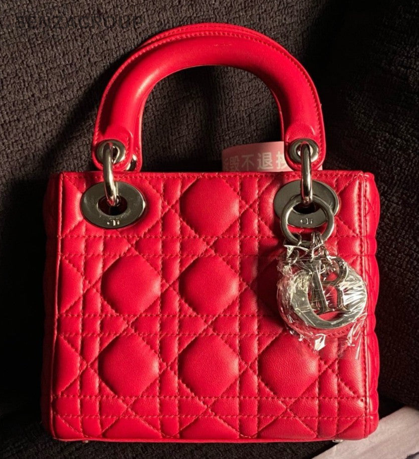 Christian Dior Lady Dior 2Way Top Handle Bag Crossbody Red Silver Women Classic