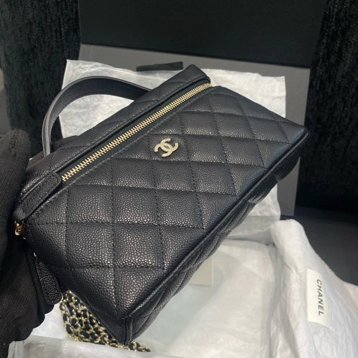 Chanel Vanity Case Chain Calfskin Top Handle Shoulder Bag Black Gold Women D